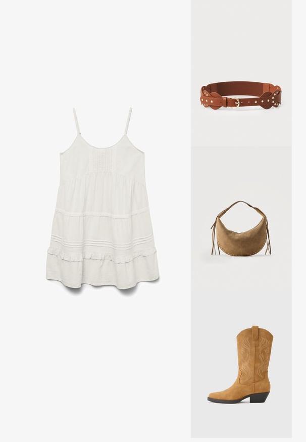 Vestido blanco sin mangas con tirantes ajustables, tela texturizada, ribete con volantes y diseño escalonado que presenta detalles de encaje a lo largo de las costuras.; Bota de vaquero de ante color canela con punta en forma de pico, costuras decorativas en un patrón ondulado, tacón medio y una lengüeta para facilitar el calzado.; Bolso crescentado de ante marrón con asa corta, tachuelas doradas a lo largo de los bordes y borlas de cuero a ambos lados.; Cinturón de cuero marrón con sección elástica, hebilla dorada y tachuelas decorativas. Presenta piezas de extremo curvadas y una textura suave.