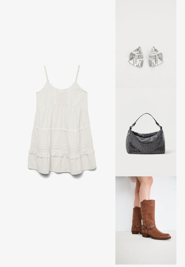 Weißes ärmelloses Kleid mit verstellbaren Trägern, strukturiertem Stoff, Rüsche und gestuftem Design mit Spitze entlang der Nähte.; Braune Leder-Stiefeletten mit leicht spitz zulaufender Zehenpartie, dekorativen Schnallen und einem niedrigen gestapelten Absatz. Glatte Textur mit matter Oberfläche.; Schwarze und silberne Handtasche mit einer gewobenen, strukturierten Oberfläche, die quadratische Muster aufweist, einem einzelnen oberen Griff und einem lässigen Design.; Silberne Metallohrringe mit einem wellenförmigen, skulpturalen Design, das eine polierte Oberfläche und unregelmäßige Formen aufweist, die eine zeitgenössische Ästhetik betonen.