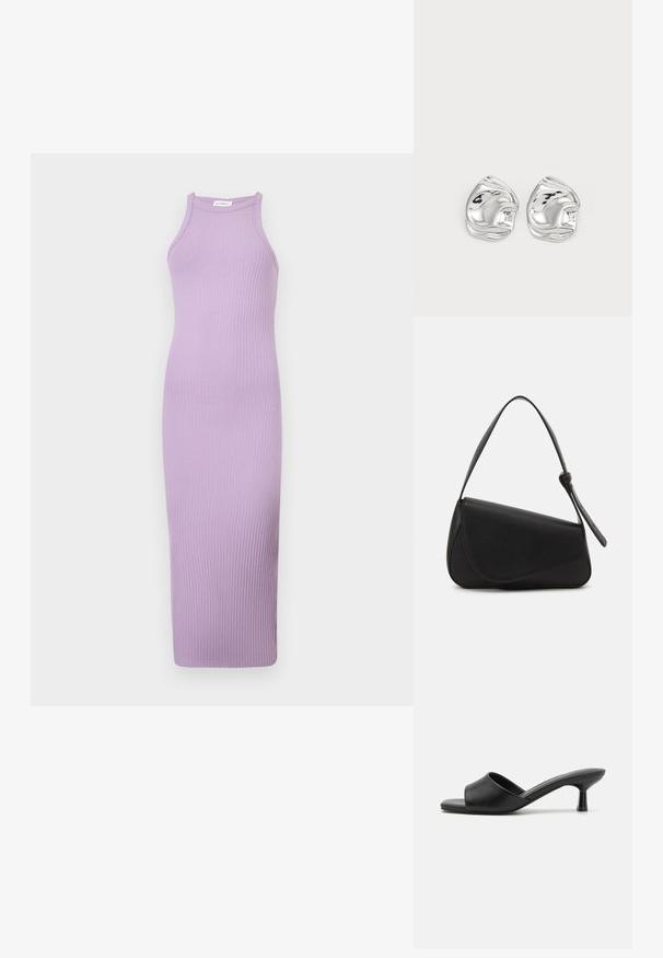 Robe midi lilas sans manches, côtelée, avec un col montant et une silhouette ajustée.; Sandales noires à glisser avec une tige en cuir lisse, bout ouvert et un petit talon brillant. Design minimaliste avec une forme incurvée et une finition épurée.; Sac à main en cuir noir de forme triangulaire, avec un rabat incliné et une poignée supérieure arrondie. Il présente une texture lisse et des détails de design minimalistes.; Boucles d'oreilles en forme abstraite argentées avec une finition poli, présentant des courbes lisses et des contours subtils. Pas de motifs ou d'accents visibles.