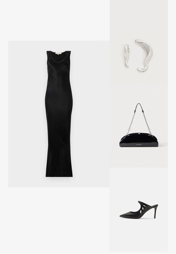 Μαύρο αμάνικο maxi φόρεμα φτιαγμένο από απαλό ύφασμα; διαθέτει στρογγυλή λαιμόκοψη και εφαρμοστή σιλουέτα που στενεύει προς το τελείωμα.; Μαύρες δερμάτινες μπαλαρίνες με ψηλό τακούνι, με μυτερή μύτη, σχέδιο με κομμένα πλαϊνά και γυαλιστερή υφή. Τακούνι στιλέτο και διακριτική λεπτομέρεια ραψίματος.; Μαύρη γυαλιστερή τσάντα με αλυσίδα σε ασημί χρώμα και μικρό λογότυπο KARL LAGERFELD μπροστά, σε απλό φωτεινό φόντο.; Δύο καμπυλωτά ασημένια σκουλαρίκια, το ένα μεγαλύτερο από το άλλο, και τα δύο διακοσμημένα με μικρούς λαμπερούς κρυστάλλους κατά μήκος μιας άκρης.