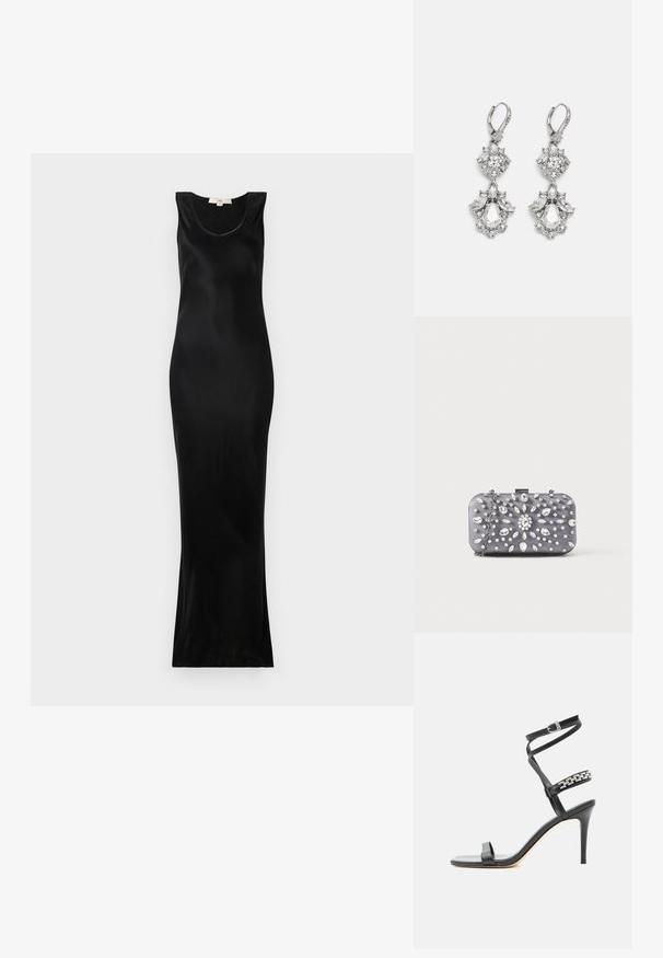 Schwarzes ärmelloses Maxikleid aus glattem Stoff; hat einen runden Ausschnitt und eine figurbetonte Silhouette, die sich zum Saum hin verjüngt.; Schwarze Sandalette mit hohem Absatz, schlankem Knöchelriemen, Mittelriemen verziert mit silbernen Kettengliedern und offenem Zehendesign.; Kleine rechteckige dunkelgraue Clutch, verziert mit klaren Strasssteinen in einem strahlenförmigen Muster und einem silbernen Kettenriemen.; Silberfarbene Ohrringe mit mehreren klaren Kristallgemmen in Tropfen- und Marquiseformen, mit Klappverschluss und kunstvollen Details.