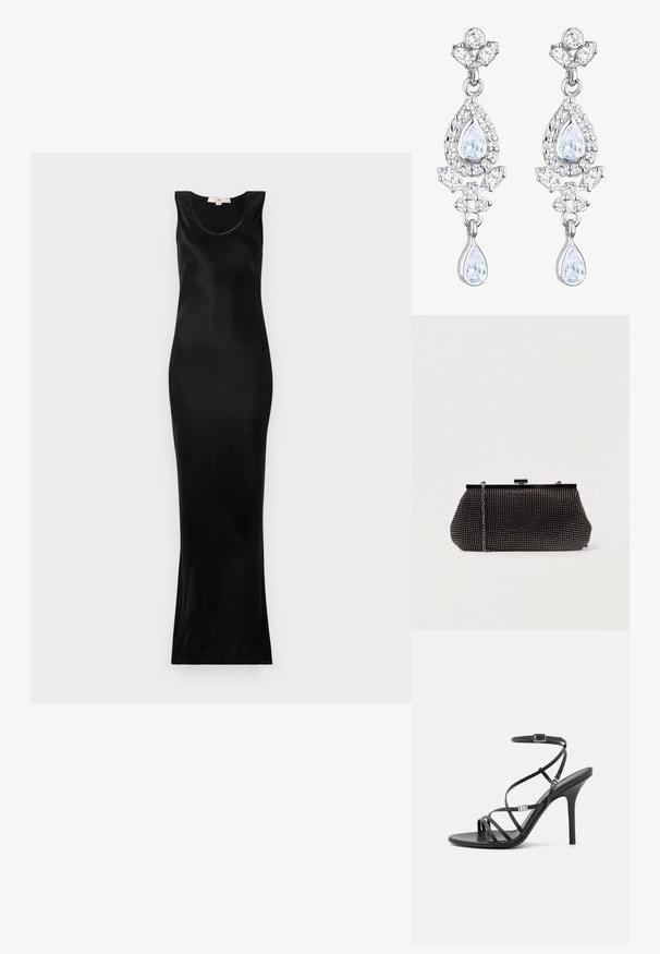 Schwarzes ärmelloses Maxikleid aus glattem Stoff; hat einen runden Ausschnitt und eine figurbetonte Silhouette, die sich zum Saum hin verjüngt.; Schwarze High-Heel-Sandale mit dünnen Riemen, einem Knöchelverschluss, einer glatten Lederoberfläche und einem schlanken Stiletto-Absatz.; Schwarze Mesh-Clutch mit strukturierter Silhouette, verziert mit kleinen metallic-nieten, besitzt einen Verschluss mit Klappe und einen abnehmbaren Kettenriemen.; Elli ANTIQUE DROP - Ohrringe - weiß