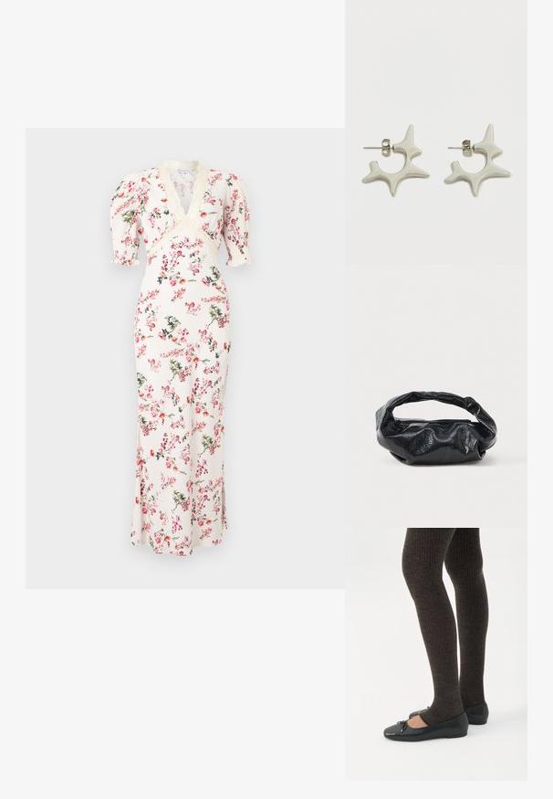 Robe longue blanche avec imprimé floral rose et vert, décolleté en V, bordure en dentelle et manches mi-longues bouffantes.; Jambes portant des leggings côtelés foncés associés à des ballerines noires avec de petits détails en nœud sur fond blanc.; Sac noir en matériau texturé et brillant avec une poignée circulaire torsadée et une fermeture éclair. Présente un design doux et froissé.; Boucles d'oreilles en argent présentant un design abstrait distinctif avec des formes irrégulières et une finition brillante. Comprend une attache à tige pour fixation.