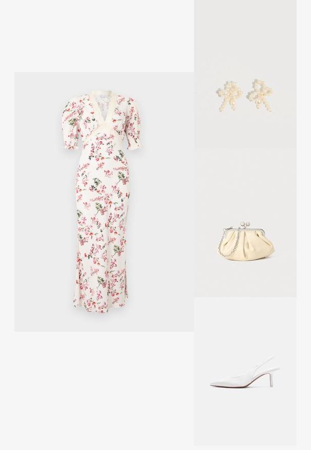 Hvid maxikjole med pink og grøn blomsterprint, V-udskæring, blonderkant og puffede halværmer.; Hvid læder slingback damesko med spids tå, lav kittenhæl og lille dekorativ sløjfe på toppen, vist i sideprofil.; Plisseret beige læderclutch med en sølvmetalramme, der har to runde dekorative låse og en sølvkædetrasporte.; Perleøreringe med et delikat design, der kombinerer små og mellemstore perler i cremefarve og har en sløjfeform.