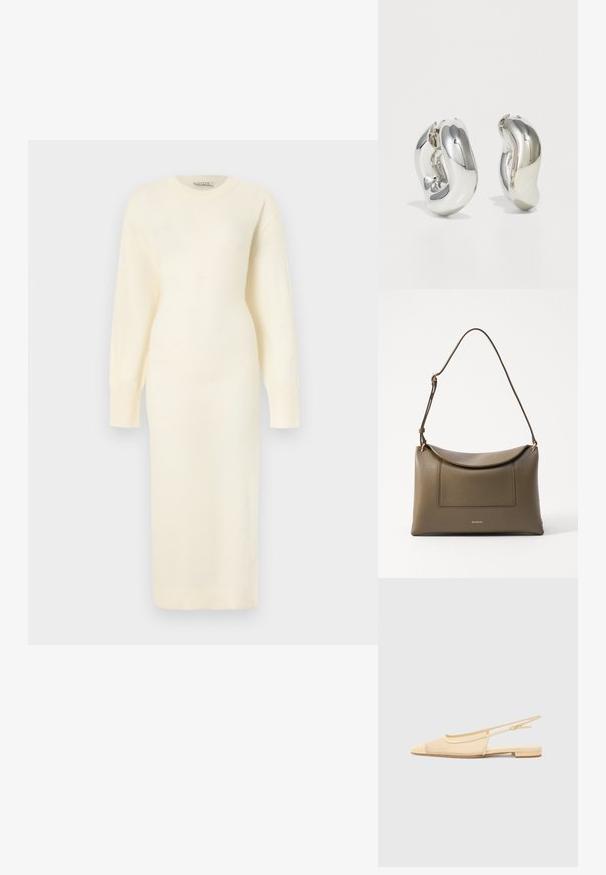 Robe en tricot de couleur crème à manches longues, col rond et taille cintrée, atteignant une longueur mi-mollet, présentée sur un fond uni.; Chaussure plate slingback en beige clair avec une tige en maille, un bout pointu et un petit talon. Dotée d'une sangle ajustable pour un bon maintien.; Sac à main en cuir vert olive avec une surface texturée, une fermeture à rabat et une bandoulière réglable. Comprend une poche frontale et des accessoires en métal doré.; Boucles d'oreilles sculpturales en argent avec des formes douces et courbes et des surfaces réfléchissantes. Présentent un design de boucle fermée et une forme organique distincte.