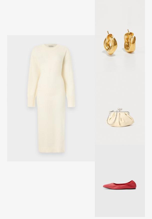 Robe en tricot de couleur crème à manches longues, col rond et taille cintrée, atteignant une longueur mi-mollet, présentée sur un fond uni.; Filippa K REY FLATS - Ballerines - bright red; Pochette en cuir beige plissé avec un cadre en métal argenté, dotée de deux fermoirs ronds décoratifs et d'une chaîne en argent.; Boucles d'oreilles créoles en or massif avec un design tubulaire légèrement tordu et des fermoirs à tige sur un fond blanc.