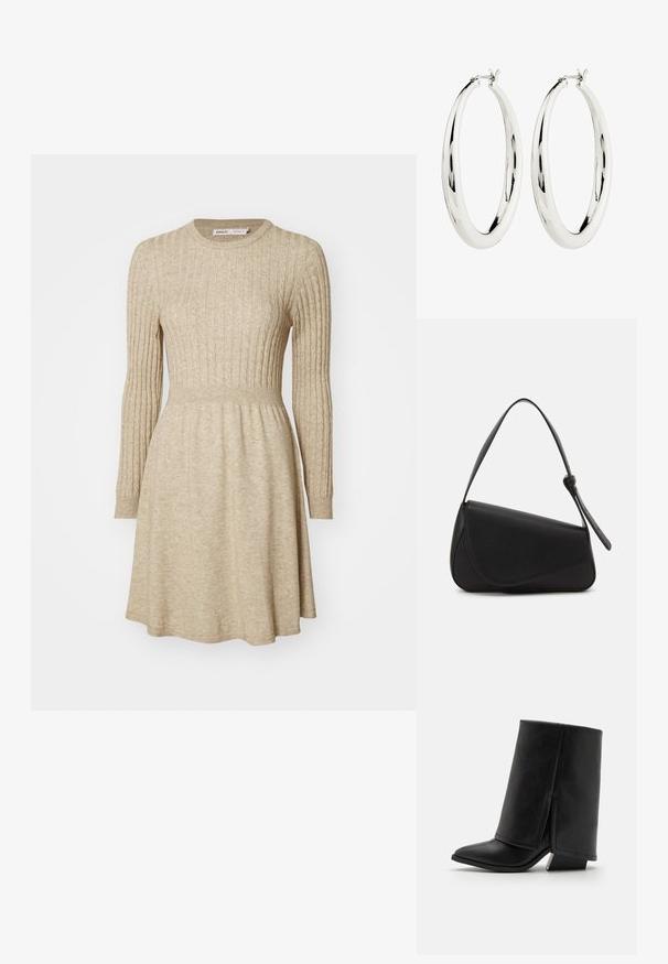 Beige Rippstrickkleid mit langen Ärmeln, rundem Halsausschnitt, taillierter Taille und ausgestellt Rock. Weiche Textur mit subtilen Farbvariationen.; Madden Girl ABILENE - Stiefelette - black paris; Schwarze Lederhandtasche mit dreieckiger Form, schrägem Klappdeckel und rundem Oberhandgriff. Verfügt über eine glatte Textur und minimalistische Designdetails.; Silberne Creolen mit einer glatten, reflektierenden Oberfläche. Runde, große Form mit einem sicheren Verschluss an der Oberseite. Polierte Oberfläche betont den Glanz.