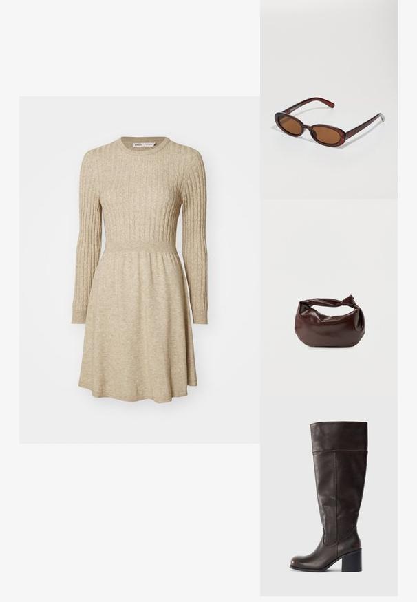Vestido de punto acanalado beige con mangas largas, escote redondo, cintura entallada y falda acampanada. Textura suave con sutil variación de color.; Bota de cuero marrón hasta la rodilla con puntera redonda y tacón apilado. Presenta una textura suave y detalle de costura lateral.; Gafas de sol redondas con tinte marrón y un marco burdeos brillante. Patillas delgadas con un sutil detalle de marca. Diseño de lentes planos.; Bolso de hombro de cuero marrón oscuro con una forma suave y caída, y un asa con nudo torcido sobre un fondo blanco liso.