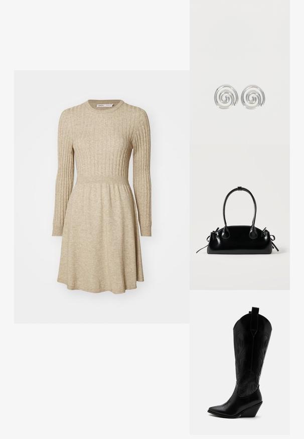 Beige Rippstrickkleid mit langen Ärmeln, rundem Halsausschnitt, taillierter Taille und ausgestellt Rock. Weiche Textur mit subtilen Farbvariationen.; Schwarzer Leder-Cowboystiefel mit spitzer Zehe, schrägem Blockabsatz, dekorativer Naht und Zuglaschen oben vor weißem Hintergrund.; Kleine schwarze glänzende Handtasche mit zwei langen Griffen und seitlichen Kordelzug-Details vor einfachem hellem Hintergrund.; Paar silberne Spiral-Creolen mit glattem, rundem Design auf einfachem weißem Hintergrund.