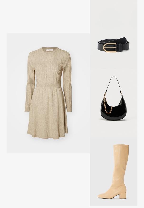 Vestido de punto acanalado beige con mangas largas, escote redondo, cintura entallada y falda acampanada. Textura suave con sutil variación de color.; Anna Field Botas - beige; Bolso de mano de piel sintética negra con forma curva, una correa delgada para el hombro y un detalle de cadena dorada en la parte frontal. Textura suave, diseño minimalista.; Cinturón de cuero negro enrollado con hebilla de metal dorado brillante sobre un fondo claro y liso.