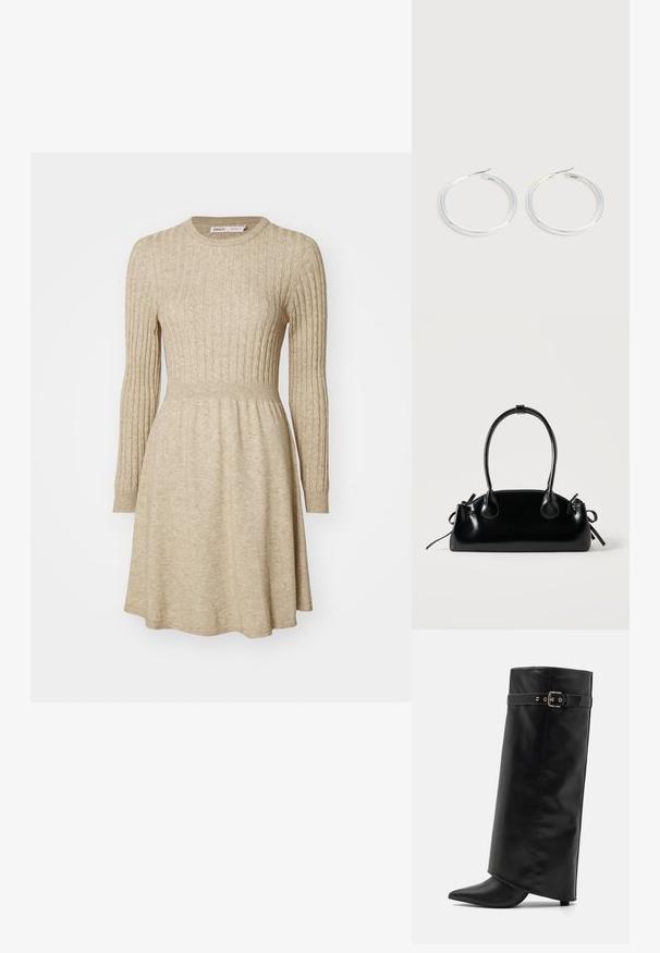 Beige ribbet strikket kjole med lange ærmer, rund halsudskæring, tætsiddende talje og flagrende nederdel. Blød tekstur med diskret farvevariation.; Even&Odd by Zalando Højhælede støvler - black; Lille sort blank håndtaske med to lange håndtag og snøre-detaljer i siden på en ensfarvet lys baggrund.; Par skinnende sølvøreringe med tynde trådlåse, vist på en lys grå baggrund.