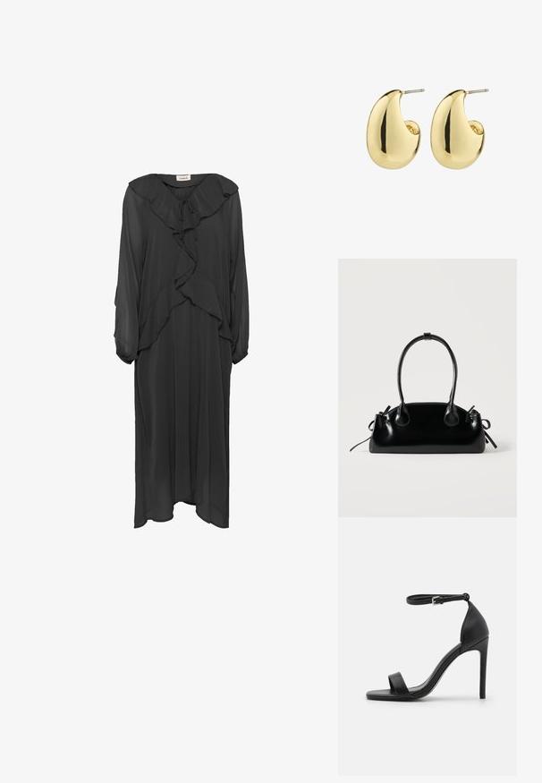 Soaked in Luxury SLMaxi - Vestido largo - black; Sandalia de tacón alto negra con un diseño elegante, que cuenta con una correa en el tobillo, punta abierta y una textura de cuero suave.; Pequeño bolso negro brillante con dos asas largas y detalles de cordón lateral sobre un fondo claro liso.; Pendientes de stud en tono dorado con una superficie suave y pulida, que presentan una forma abstracta en forma de lágrima. Hardware de metal simple para la sujeción.