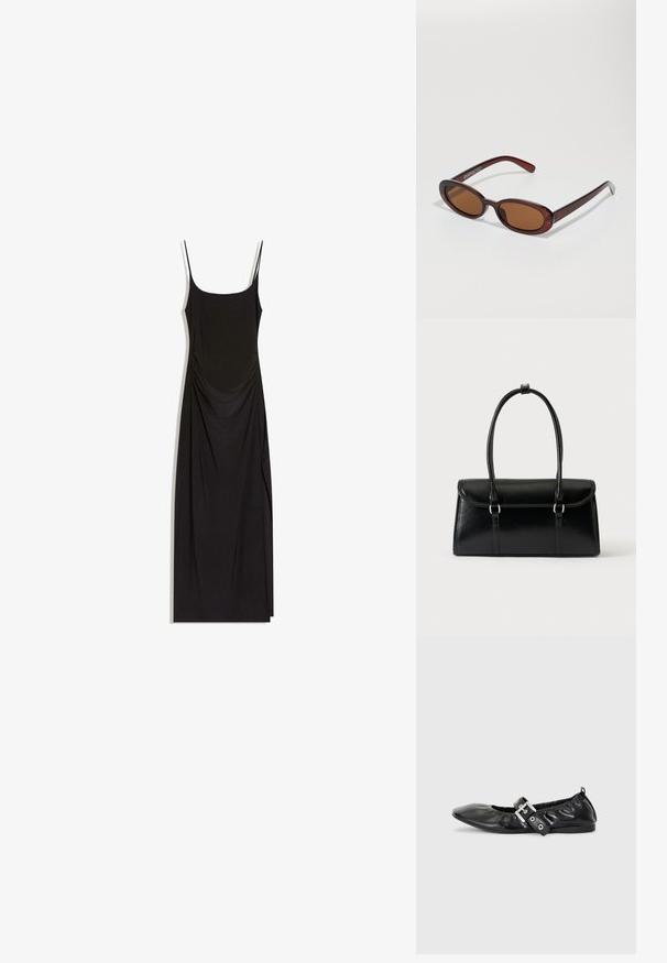 Robe maxi noire sans manches avec fines bretelles, côtés froncés et encolure carrée sur fond blanc.; Chaussure plate en cuir noir avec un nez pointu, des détails froncés autour de l'ouverture et un accent en boucle argentée sur la bride ajustable.; Lunettes de soleil rondes teinte brun avec une monture bordeaux brillante. Branches fines avec un détail de marque subtil. Design de verres plats.; Sac à main rectangulaire en cuir noir avec fermeture à rabat et deux longues anses sur fond blanc uni.