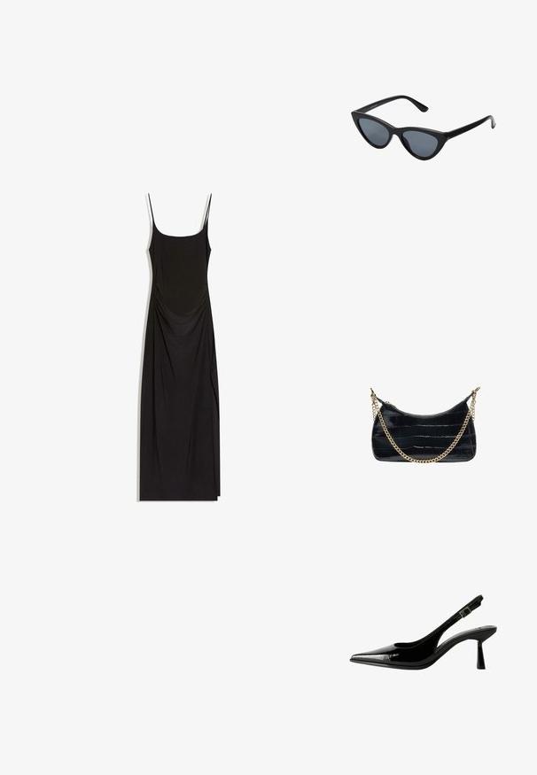 Robe maxi noire sans manches avec fines bretelles, côtés froncés et encolure carrée sur fond blanc.; Racine à talon en cuir verni noir avec un nez pointu, des côtés découpés, une bride de cheville ajustable et un talon fin et élégant.; Lunettes de soleil noires en forme d'œil de chat avec des verres gris foncé, monture en plastique élégante, coins pointus et branches droites. Pas de métal visible ni d'accents.; Sac à main noir à texture crocodile avec une chaîne dorée et une fermeture éclair supérieure sur fond blanc.