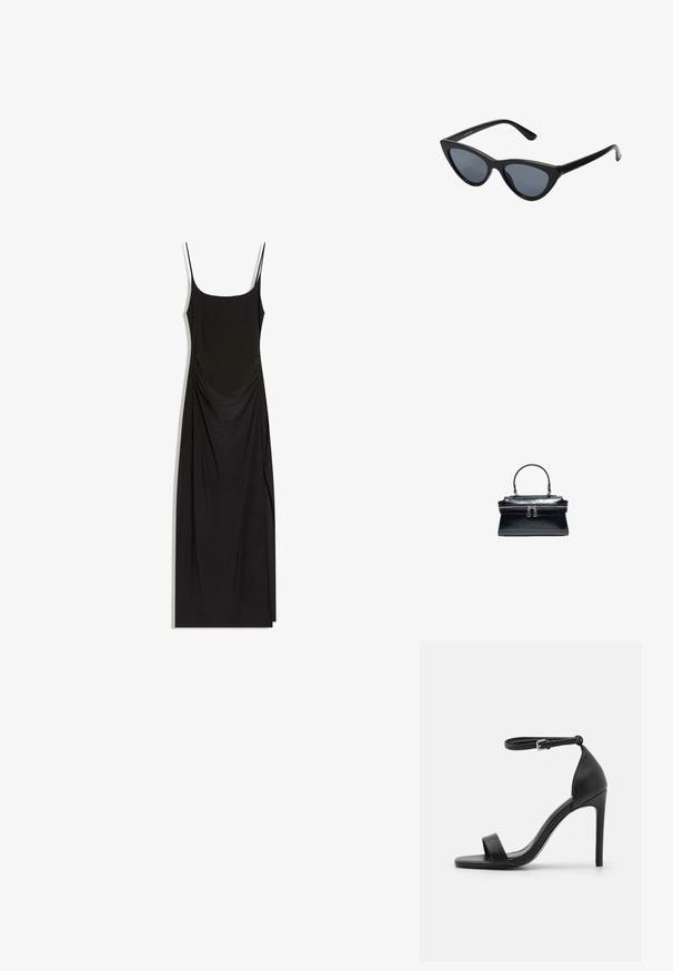 Robe maxi noire sans manches avec fines bretelles, côtés froncés et encolure carrée sur fond blanc.; Sandale noire à talons hauts au design épuré, avec une bride au niveau de la cheville, un bout ouvert et une texture en cuir lisse.; Lunettes de soleil noires en forme d'œil de chat avec des verres gris foncé, monture en plastique élégante, coins pointus et branches droites. Pas de métal visible ni d'accents.; Sac à main en cuir noir avec une poignée supérieure, une texture crocodile et une fermeture double à glissière au centre.