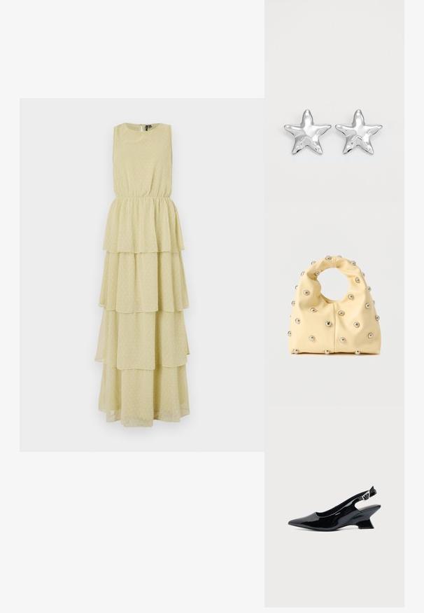 Robe sans manches à volants en jaune clair avec un motif à pois. L'élastique à la taille offre une silhouette ajustée. Tissu doux et fluide.; Chaussure slingback en cuir verni noir avec bout pointu et petit talon bloc incliné sur fond clair uni.; Sac à main jaune pâle avec poignée circulaire, décoré de petits clous en métal argenté uniformément espacés sur une surface lisse.; Boucles d'oreilles argentées en forme d'étoile, avec une surface lisse et brillante. Chaque boucle d'oreille possède cinq pointes et des détails subtils de texture de surface.