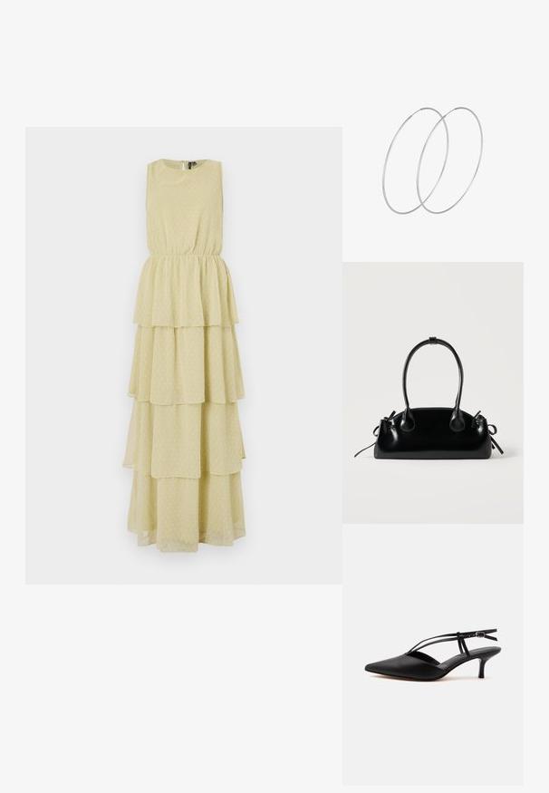 Robe sans manches à volants en jaune clair avec un motif à pois. L'élastique à la taille offre une silhouette ajustée. Tissu doux et fluide.; Escarpin noir en cuir à bout pointu avec petit talon kitten, fine bride de cheville avec boucle, design slingback, sur un fond uni clair.; Petit sac à main noir brillant avec deux longues anses et des détails à cordon sur les côtés sur un fond clair uni.; Boucles d'oreilles en argent au design minimaliste. Forme circulaire, texture lisse et profil fin. Légères avec une finition polie.