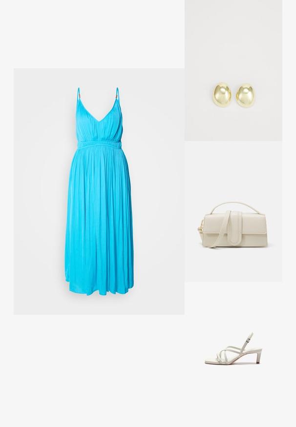 Ärmelloses Kleid mit tiefem V-Ausschnitt aus leuchtendem türkisem Stoff. Besitzt einen elastischen Bund und einen fließenden Rock mit glatter Textur.; Zign Pumps - off white; Cremfarbene Lederhandtasche mit rechteckiger Form, flachem Griff und abnehmbarem Schulterriemen; verfügt über einen vorderen Klappverschluss mit Magnetverschluss.; Goldfarbene Metallstanzohrringe mit einer glatten, abgerundeten Form und polierter Oberfläche. Einfaches Design ohne zusätzliche Verzierungen.