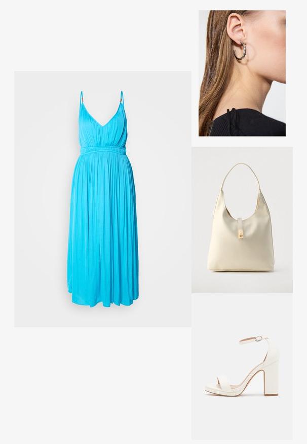 Ärmelloses Kleid mit tiefem V-Ausschnitt aus leuchtendem türkisem Stoff. Besitzt einen elastischen Bund und einen fließenden Rock mit glatter Textur.; Weiße High-Heel-Sandale mit Knöchelriemen, minimalistisches Design, offene Zehen, Blockabsatz und glattes Lederfinish.; Hobo-Tasche aus cremefarbenem Leder mit einem einzelnen Schulterriemen, glatter Textur und einem goldfarbenen Verschlussdetail an der Vorderseite.; Silberne Creolen mit polierter Oberfläche, die kleine goldene Akzentdetails und eine runde Form aufweisen, am Ohrläppchen getragen.