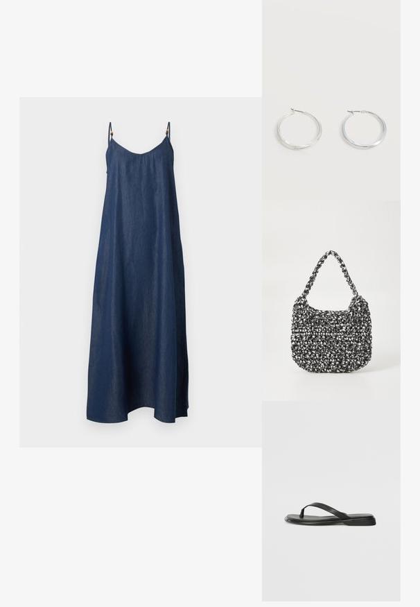 Robe maxi en denim bleu foncé sans manches avec fines bretelles réglables et une silhouette ample en A.; Tongs noires en cuir lisse, avec un design de sangle fine et une semelle plate à profil minimal. Aucun motif ou accent notables.; Sac en osier noir et blanc de forme arrondie, avec une surface texturée et une poignée tressée. Convient à un usage décontracté.; Boucles d’oreilles créoles en métal argenté avec une surface lisse légèrement incurvée et des fermoirs à clapet sur un fond blanc uni.