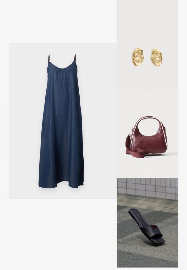 Robe maxi en denim bleu foncé sans manches avec fines bretelles réglables et une silhouette ample en A.; Sandale slide marron foncé à bout carré et large bride, posée sur un goudron gris près d'un trottoir carrelé.; Sac à main en cuir tressé marron foncé avec poignée courbée, garniture blanche, fermeture éclair argentée et bandoulière large en tissu amovible sur fond uni.; Paire de boucles d'oreilles en métal doré brillant, de forme irrégulière, avec une surface froissée et lisse sur un fond clair uni.