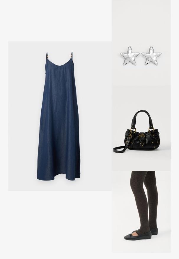 Robe maxi en denim bleu foncé sans manches avec fines bretelles réglables et une silhouette ample en A.; Jambes portant des leggings côtelés foncés associés à des ballerines noires avec de petits détails en nœud sur fond blanc.; Sac à main en cuir noir avec boucle dorée et détails à rivets, poignées courtes et bandoulière réglable sur fond blanc uni.; Boucles d'oreilles argentées en forme d'étoile, avec une surface lisse et brillante. Chaque boucle d'oreille possède cinq pointes et des détails subtils de texture de surface.