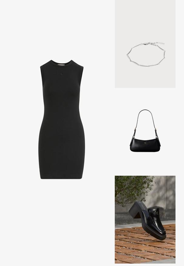 Schwarzes, figurbetontes Kleid mit kurzen Ärmeln, rundem Ausschnitt und kleinem, dezentem Logo mittig unter dem Kragen.; Schwarze Leder-Slip-on-Mule von Calvin Klein mit Blockabsatz, die auf Holzfliesen im Freien nahe einer grünen Pflanze und einer grauen Wand ruht.; Schwarze kleine Lederschultertasche mit dünnem Riemen und kleinem goldenem CK-Logo auf der Vorderseite in der Mitte.; Armband in Silberoptik mit länglichen, gebogenen Gliedern, Karabinerverschluss und einem kleinen rechteckigen Anhänger an der verstellbaren Kette.
