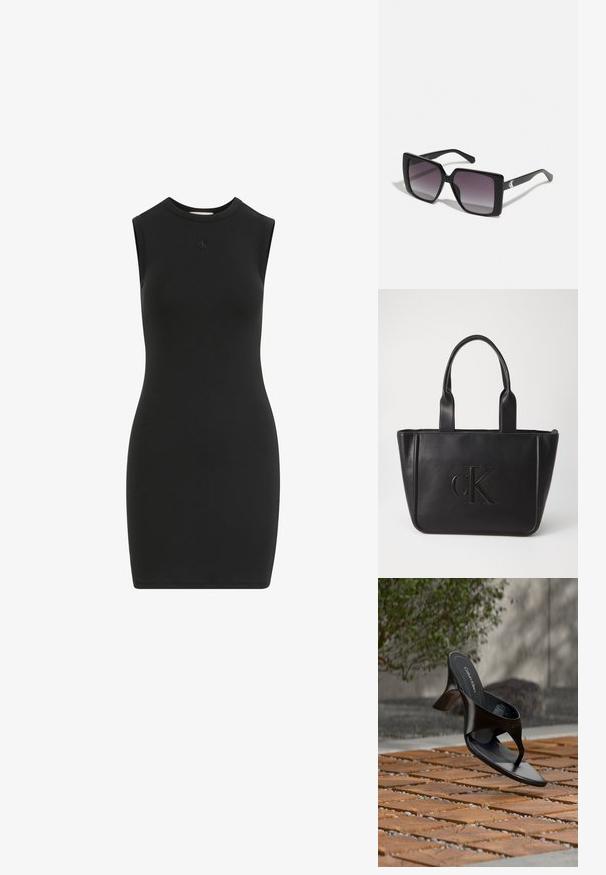 Vestido negro sin mangas hecho de tela suave y elástica. Presenta un escote alto y un pequeño logo en relieve en el pecho. Diseño ajustado al cuerpo.; Sandalia negra de tacón tipo tanga de Calvin Klein flotando sobre una superficie exterior de azulejos, con vegetación y una pared de hormigón al fondo.; Gafas de sol cuadradas negras con lentes degradados grises. Montura brillante con líneas elegantes. Acento de logo plateado en las patillas.; Bolso tote de cuero negro con dos asas; presenta un logo en relieve "cK"; forma rectangular; textura suave; diseño minimalista.