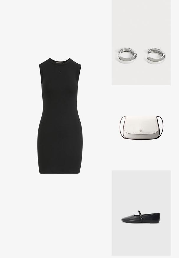 Vestido negro ajustado de manga corta con escote redondo y pequeño logo sutil centrado debajo del cuello.; Bailarinas de cuero negro con punta afilada, suela plana y una pequeña correa con detalle de hebilla plateada.; Bolso bandolera blanco con cierre de solapa, pequeño logo plateado "cK" centrado y correa ajustable delgada de color marrón oscuro.; Par de pequeños pendientes de aro plateados brillantes con superficies lisas y redondeadas sobre un fondo blanco liso.