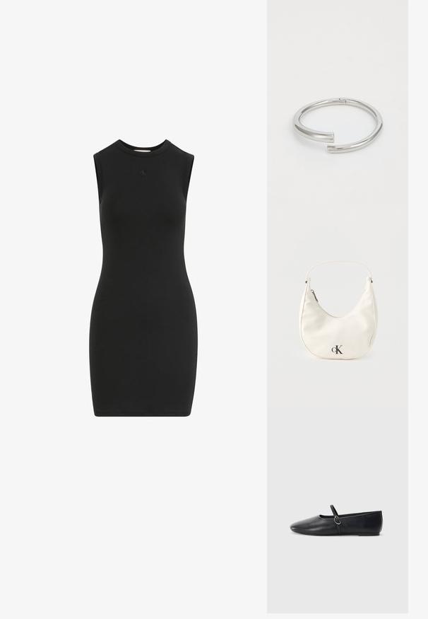 Zwarte mouwloze jurk gemaakt van glad, elastisch materiaal. Heeft een hoge halslijn en een klein ingebed logo op de borst. Formeel aansluitend ontwerp.; Zwarte leren balletschoenen met een spitse neus, platte zool en een kleine strap met een zilveren gespsluiting.; Kleine witte handtas in de vorm van een halve maan met een kort hengsel, ritssluiting en zwart "cK" logo aan de voorkant.; Calvin Klein SPIRAL - Armband - silver-coloured