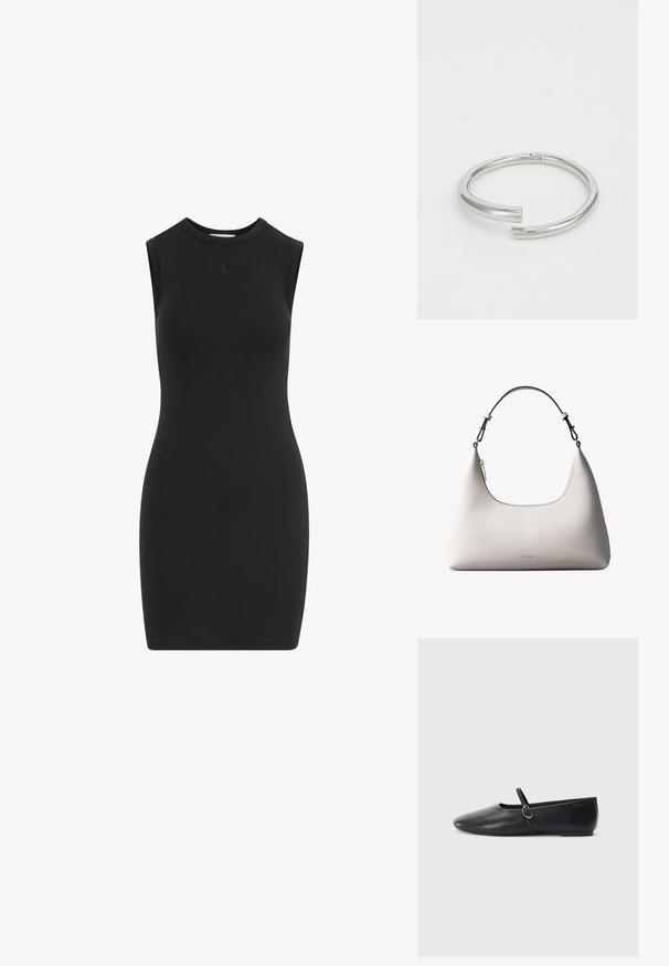 Schwarzes ärmelloses Kleid aus glattem, elastischem Stoff. Verfügt über einen hohen Kragen und ein kleines, geprägt Logo auf der Brust. Figurbetontes Design.; Schwarze Leder-Ballettschuhe mit spitzem Schuhzeug, flacher Sohle und einem kleinen Riemen mit silberner Schnalle.; Cremefarbene Calvin Klein Lederschultertasche mit gebogener Oberkante, silbernem Reißverschluss und dunkelbraunem verstellbarem Riemen.; Calvin Klein SPIRAL - Armband - silver-coloured