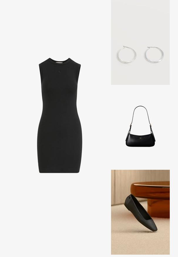 Schwarzes ärmelloses Kleid aus glattem, elastischem Stoff. Verfügt über einen hohen Kragen und ein kleines, geprägt Logo auf der Brust. Figurbetontes Design.; Schwarzer spitzer flacher Schuh, der auf einem beigen Teppich in der Nähe eines runden bernsteinfarbenen Tisches in einem minimalistischen Raum liegt.; Schwarze kleine Lederschultertasche mit dünnem Riemen und kleinem goldenem CK-Logo auf der Vorderseite in der Mitte.; Silberne Metallcreolen mit glatter, leicht gebogener Oberfläche und Klappverschluss vor schlicht weißem Hintergrund.