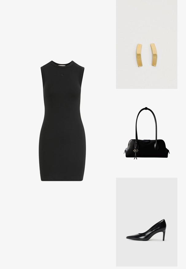 Vestido negro sin mangas hecho de tela suave y elástica. Presenta un escote alto y un pequeño logo en relieve en el pecho. Diseño ajustado al cuerpo.; Zapato de tacón alto de cuero negro con punta afilada, textura suave y tacón en forma de cono. Diseño minimalista, sin adornos adicionales.; Bolso de mano negro de cuero Calvin Klein con asas largas, una etiqueta con el logo frontal y un colgante geométrico plateado que cuelga de una de las asas.; Pendientes de metal en tono dorado con un diseño curvado y alargado. La superficie es lisa y pulida, presentando un estilo minimalista.