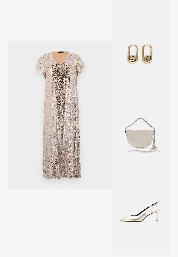 Vestido de lentejuelas en dorado con escote en V y mangas cortas. Presenta un corte holgado y lentejuelas brillantes de diferentes tamaños en toda su superficie.; Zapato slingback de punta fina en color dorado metálico con tacón de aguja de altura media y forro interior negro sobre un fondo blanco.; Bolso de mano en forma de media luna en satén beige con una cadena plateada brillante y detalle de flecos. Textura suave con diseño minimalista.; BOSS DOUBLE B SWING - Pendientes - gold-coloured