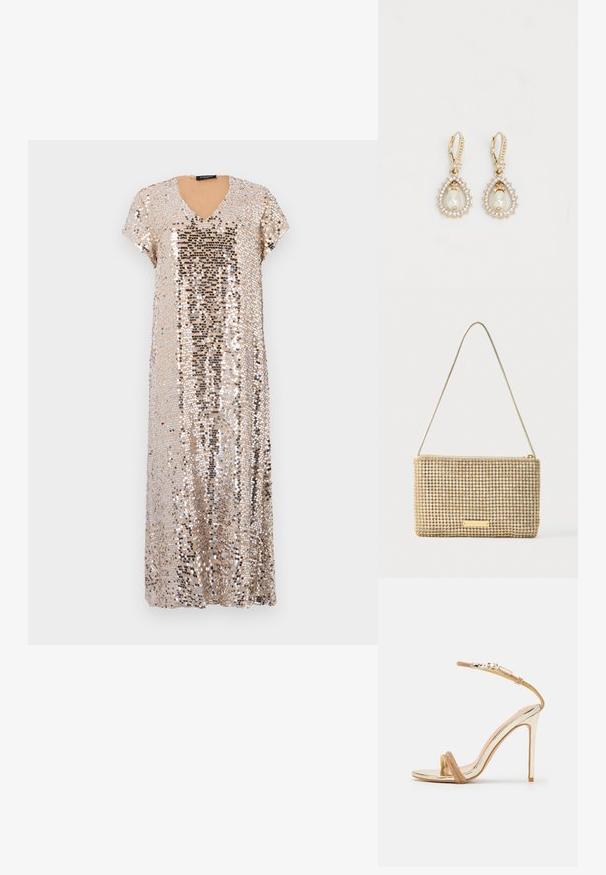 Vestido de lentejuelas en dorado con escote en V y mangas cortas. Presenta un corte holgado y lentejuelas brillantes de diferentes tamaños en toda su superficie.; Sandalia de tacón alto dorada con un acabado metálico brillante, tira texturizada en tono nude y correa delgada en el tobillo asegurada con un broche. Diseño de punta abierta.; Bolso clutch dorado de forma rectangular, cubierto de brillantes pedrería plateada. Cuenta con una delgada correa metálica para el hombro y cierre de cremallera.; Pendientes en tono dorado con un diseño de lágrima, que cuentan con una perla central rodeada de pequeños cristales transparentes. Cierre articulado.