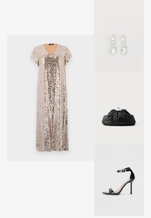 Guld glitrende kjole med V-udskæring og korte ærmer. Har en afslappet pasform og glitrende pailletter i varierende størrelser over hele kjolen.; Sort højhælet sandal i laklæder med ankelrem. Har minimalistisk design, åben tå og spænde med rhinsten-detaljer.; Sort læderclutch med en samlet tekstur, metal lukning og diskret præget logo på forsiden. Rundet form.; Kranseøreringe med firkantede klare sten, sølvfarvet metal og små runde accenter langs buen. Poleret finish, indviklede detaljer.