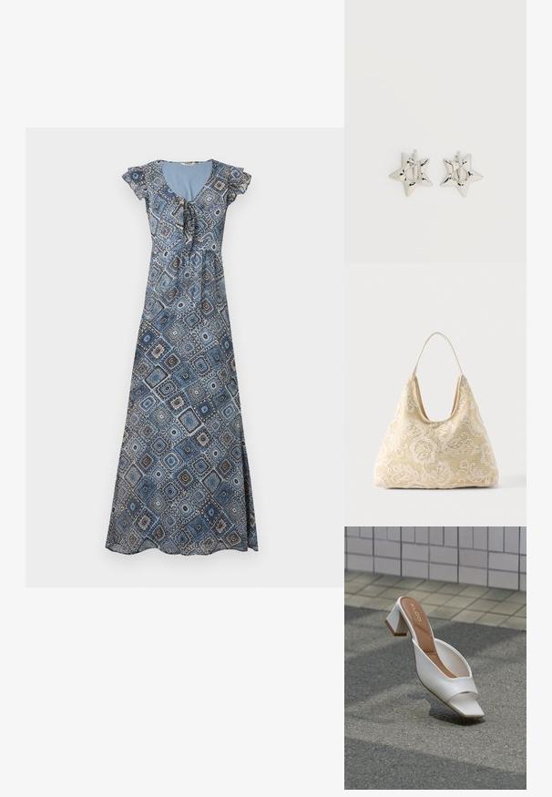 Robe longue avec motif géométrique bleu et marron, manches courtes volantées et encolure froncée avec détail noué.; Mule blanche à bout ouvert avec talon bloc et semelle intérieure marron portant la mention « ALDO », posée sur l'asphalte avec un mur carrelé en arrière-plan.; Sac fourre-tout en tissu couleur crème avec motif crochet floral blanc et une seule fine bandoulière sur fond uni.; Boucles d’oreilles créoles en forme d’étoile argentée avec une finition lisse et polie sur un fond blanc uni.