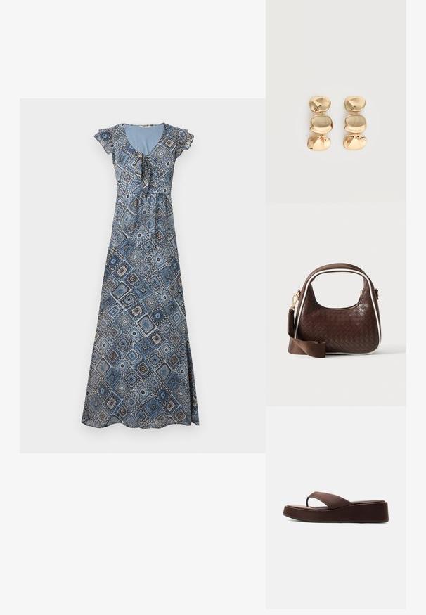 Robe longue avec motif géométrique bleu et marron, manches courtes volantées et encolure froncée avec détail noué.; Sandale tongs plateforme marron avec semelle épaisse et bride large sur les orteils sur fond blanc uni.; Sac à main en cuir tressé marron avec passepoil blanc, fermeture éclair dorée et bandoulière amovible en tissu marron.; Boucles d’oreilles pendantes ton or avec trois segments irréguliers, lisses et arrondis empilés verticalement sur un fond clair uni.
