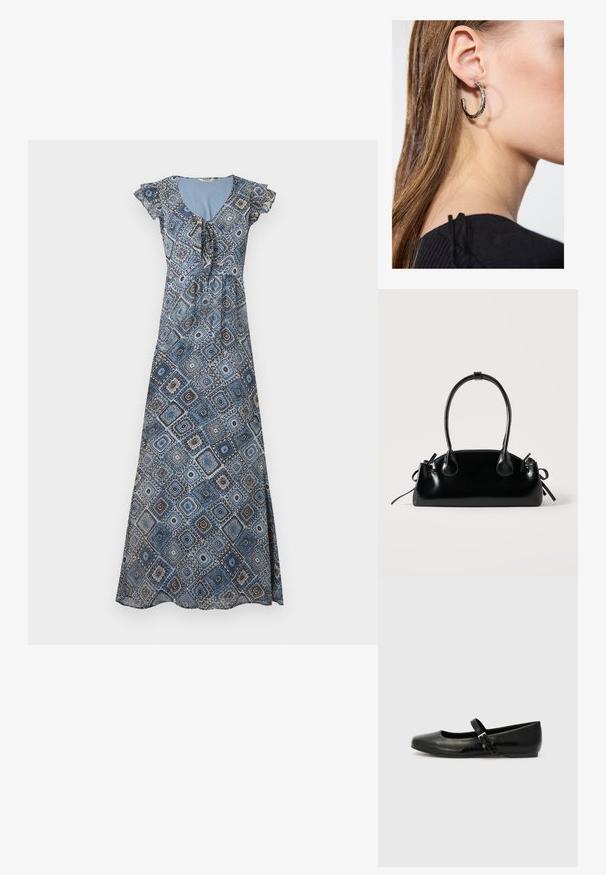 Robe longue avec motif géométrique bleu et marron, manches courtes volantées et encolure froncée avec détail noué.; Ballerines en cuir noir avec un bout arrondi, une semelle plate et une fine sangle ajustable sur le cou-de-pied avec une boucle en métal.; Petit sac à main noir brillant avec deux longues anses et des détails à cordon sur les côtés sur un fond clair uni.; Boucle d'oreille en argent avec une finition polie, présentant de petits détails en or et de forme ronde, portée sur le lobe.