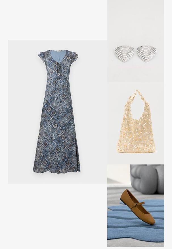 Robe longue avec motif géométrique bleu et marron, manches courtes volantées et encolure froncée avec détail noué.; Chaussure plate Mary Jane marron avec bride à boucle flottant au-dessus d'un tapis bleu texturé, mobilier tapissé gris en arrière-plan.; Sac fourre-tout en crochet beige avec un motif floral ajouré, présentant de grandes et petites fleurs ainsi qu'une poignée simple en boucle.; Boucles d'oreilles en argent avec un design ondulé et texturé, en forme de croissants superposés ; la finition polie accentue les qualités réfléchissantes.