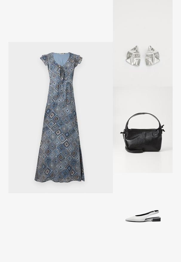 Robe longue avec motif géométrique bleu et marron, manches courtes volantées et encolure froncée avec détail noué.; Bottines plates en cuir blanc avec un bout pointu, design ouvert à l'arrière et un petit talon bloc noir. Texture lisse, accents minimalistes.; Sac à main en cuir noir au design structuré, avec une poignée arrondie et une bandoulière amovible. Présente une texture lisse et un éclat subtil.; Boucles d'oreilles en métal argenté avec un design ondulé et sculptural, présentant une finition polie et des formes irrégulières, mettant en valeur une esthétique contemporaine.
