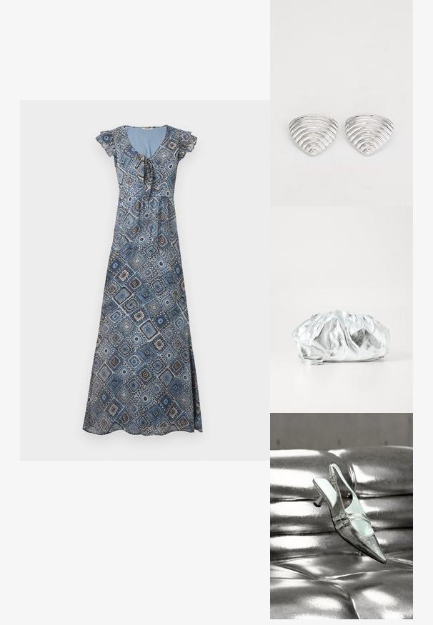 Robe longue avec motif géométrique bleu et marron, manches courtes volantées et encolure froncée avec détail noué.; Chaussure argentée à talon haut avec bride arrière et deux boucles, reposant sur une surface en cuir argenté brillante et capitonnée.; Pochette argent métallique avec un corps doux et froncé et une fine bandoulière. Présente une texture lisse et brillante ainsi qu'une forme arrondie.; Boucles d'oreilles en argent avec un design ondulé et texturé, en forme de croissants superposés ; la finition polie accentue les qualités réfléchissantes.