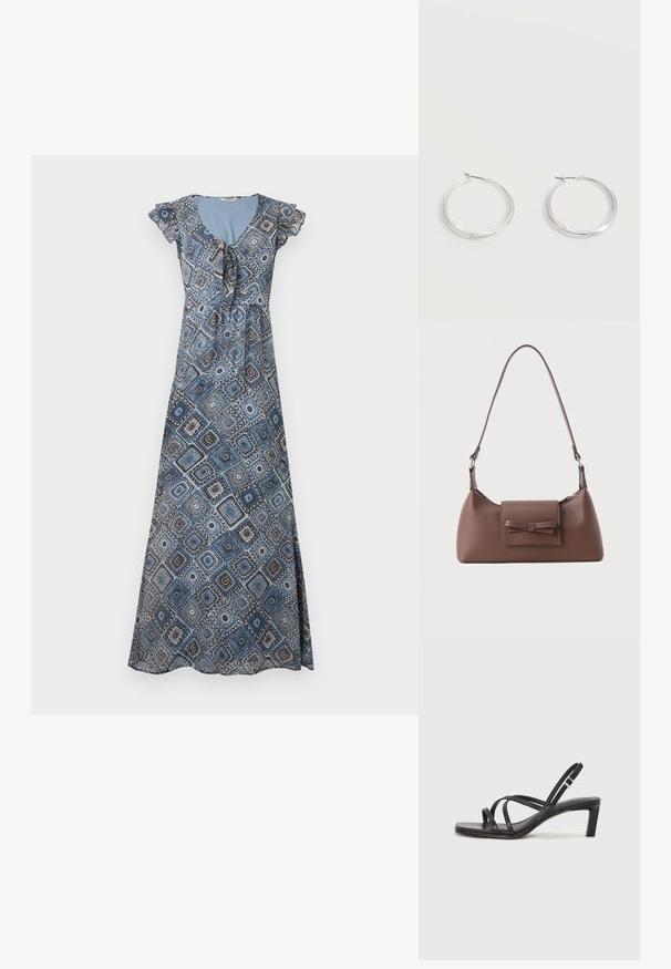 Robe longue avec motif géométrique bleu et marron, manches courtes volantées et encolure froncée avec détail noué.; Sandale noire à lanières avec un bout carré et un petit talon bloc. Elle présente plusieurs fines lanières et une sangle de cheville ajustable. Fabriquée en cuir lisse.; Sac à bandoulière en cuir marron avec une poche à rabat avant ornée d'un détail en forme de nœud cousu et une sangle réglable.; Boucles d’oreilles créoles en métal argenté avec une surface lisse légèrement incurvée et des fermoirs à clapet sur un fond blanc uni.