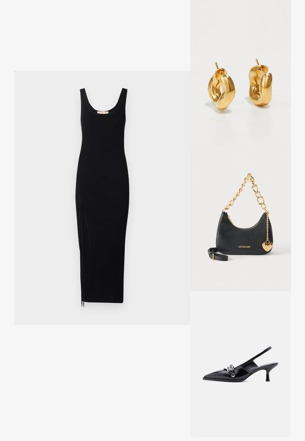 Vestido de tirantes negro con cuello redondo y detalle de cremallera lateral; silueta ajustada, hasta la rodilla, hecho de tejido elástico.; Zapato de charol negro con talón bajo tipo slingback, punta puntiaguda y detalle de hebilla plateada sobre fondo blanco liso.; Bolso negro de Moschino con asa de cadena dorada gruesa, correa para el hombro y colgante de corazón dorado sobre fondo blanco.; Pendientes de aro grueso en oro con un diseño tubular ligeramente retorcido y cierre de presión, sobre un fondo blanco.