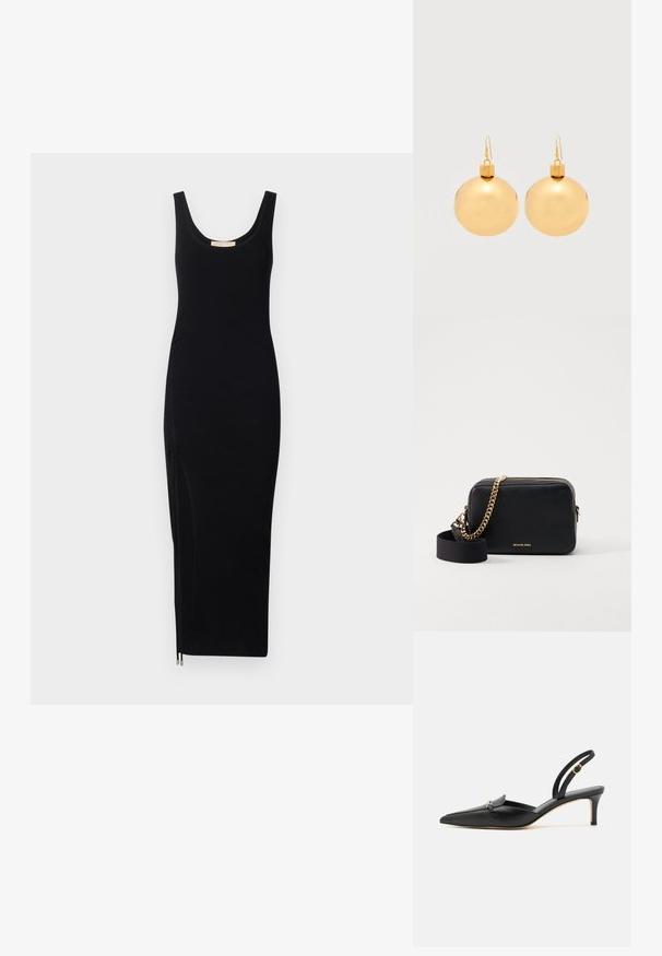 Vestido de tirantes negro con cuello redondo y detalle de cremallera lateral; silueta ajustada, hasta la rodilla, hecho de tejido elástico.; Tacón destalonado de cuero negro con punta puntiaguda, tira delgada y adorno decorativo dorado. Presenta una ligera curva y un tacón bajo.; Bolso bandolera de cuero negro con acentos de cadena dorada, cierre de cremallera y una correa de tela desmontable. Logo de Michael Kors en la parte frontal.; Par de pendientes de bola navideña dorados brillantes con cierre de gancho sobre un fondo blanco liso.