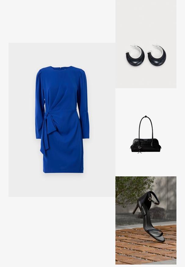 Vestido azul con mangas largas, escote redondo y un detalle de lazo lateral, hecho de una tela suave con un diseño drapeado.; Sandalia negra de tacón alto con correa en el tobillo, parece suspendida sobre un suelo de baldosas de madera al aire libre, con un fondo difuminado de vegetación y piedra.; Bolso de hombro negro de cuero con textura de cocodrilo, con correas largas y un pequeño colgante de logo plateado en una correa.; Pendientes de aro de resina negra con acabado brillante y acentos de hardware en tono plateado. Forma circular con un corte y cierre a presión.