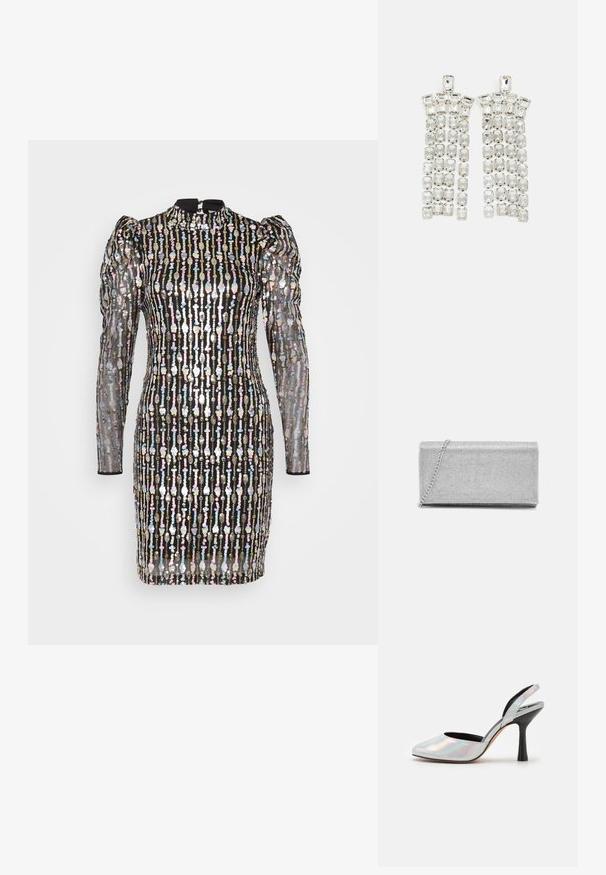 YAS Petite YASBINNA DRESS SHOW - Juhlamekko - black; Ted Baker LARRIA - Avokkaat - silver; Hopeinen metallinen clutch-laukku, jossa on kudottu verkkomuotoilu, suorakaiteen muotoinen ja ketjuhihna kantamista varten. Sileä pinta ja kiillotettu viimeistely.; Kristallhängende Ohrringe mit silberfarbener Hardware, die aus mehreren rechteckigen und quadratischen Steinen bestehen, die in kaskadierenden Reihen angeordnet sind.