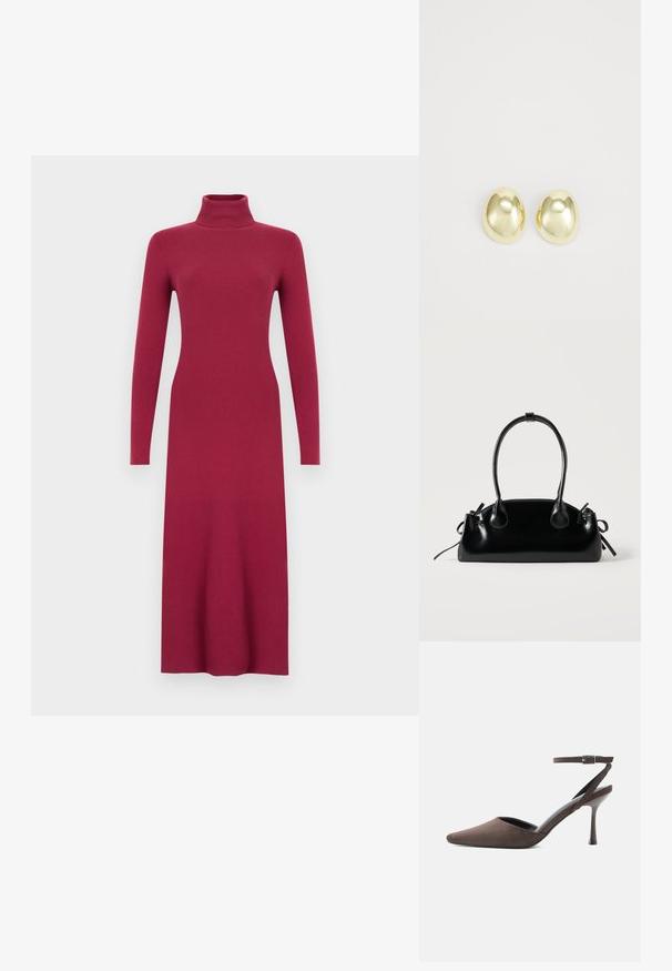 Robe longue à manches longues en tricot côtelé bordeaux avec col montant, silhouette cintrée et ourlet droit. Texture lisse sur toute la surface.; Chaussure à talon haut en daim marron à bout pointu, avec une fine bride de cheville et une boucle argentée sur fond blanc.; Petit sac à main noir brillant avec deux longues anses et des détails à cordon sur les côtés sur un fond clair uni.; Boucles d'oreilles en métal doré avec une forme lisse et arrondie et une finition polie. Design simple sans embellissements supplémentaires.