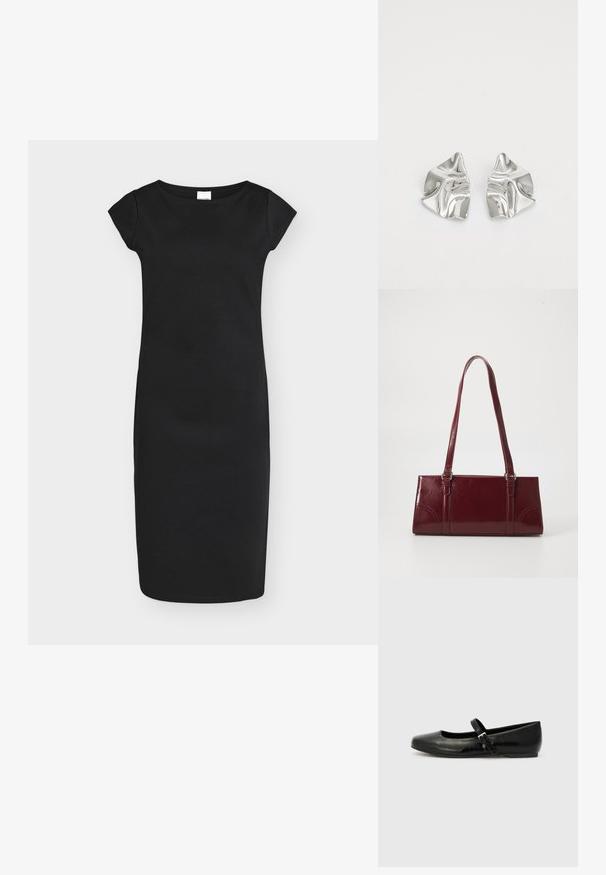 Robe noire cintrée longueur genou avec manches courtes et col rond, présentée sur un fond uni gris clair.; Ballerines en cuir noir avec un bout arrondi, une semelle plate et une fine sangle ajustable sur le cou-de-pied avec une boucle en métal.; Sac à main bordeaux en matériau brillant, de forme rectangulaire, avec deux anses et des accents légèrement courbés à l'avant.; Boucles d'oreilles en métal argenté avec un design ondulé et sculptural, présentant une finition polie et des formes irrégulières, mettant en valeur une esthétique contemporaine.