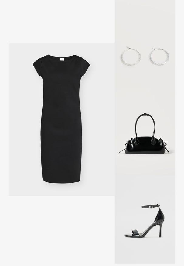 Robe noire cintrée longueur genou avec manches courtes et col rond, présentée sur un fond uni gris clair.; Sandale à talon haut en cuir verni noir avec un bout ouvert, une seule lanière à l'avant et une lanière de cheville ajustable.; Petit sac à main noir brillant avec deux longues anses et des détails à cordon sur les côtés sur un fond clair uni.; Boucles d’oreilles créoles en métal argenté avec une surface lisse légèrement incurvée et des fermoirs à clapet sur un fond blanc uni.